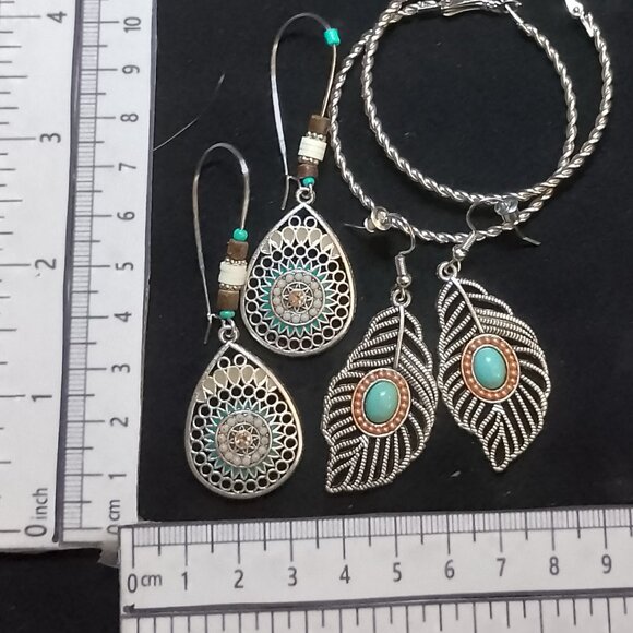 SALE! 3 PAIRS BOHO EARRINGS, Silvery, Faux Turquoise BLUE BUNNY'S BOHO BAUBLES - Picture 8 of 9